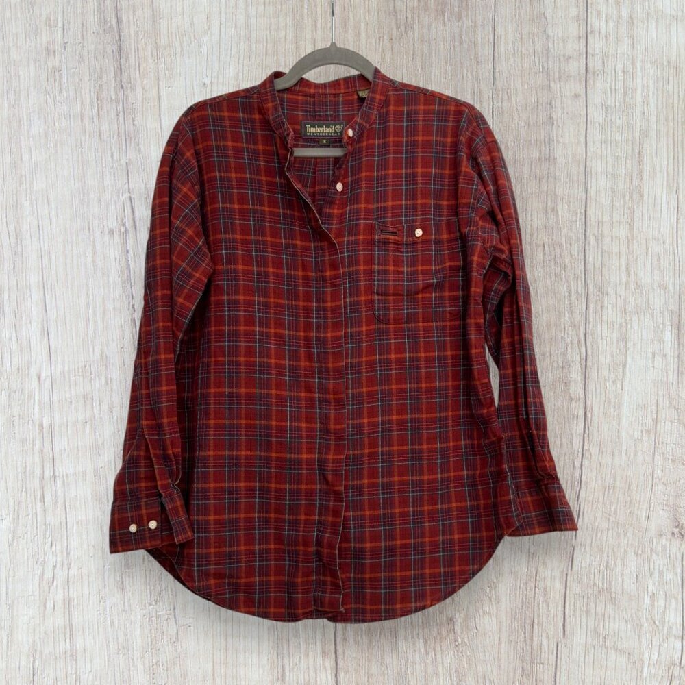 TIMBERLAND Vintage 90s Y2K Red Plaid Cotton Leather Trim Button Front Blouse Top